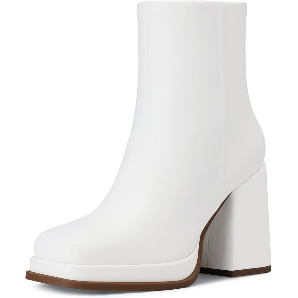 Women White Platform Ankle Boots 3.5 In Chunky High Heel Fashion Leather Boot
